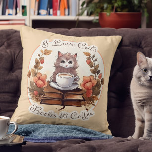 Cats, Books and Coffee Cute Kitten Throw Pillow