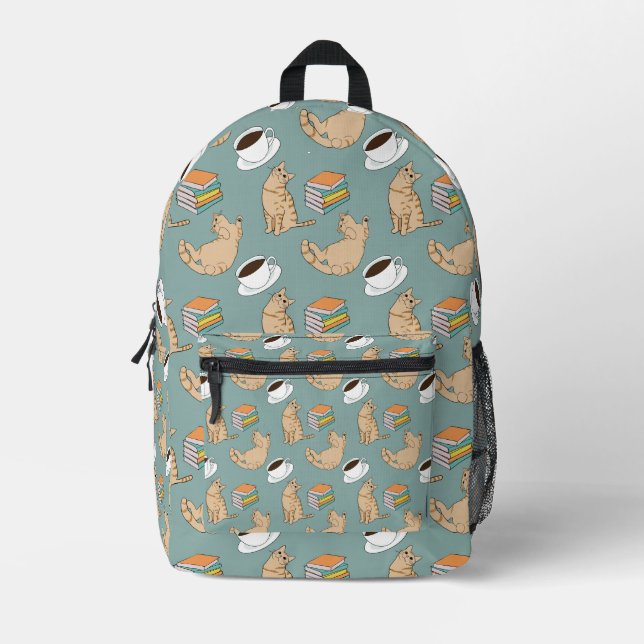 Cats Books And Coffee Time Printed Backpack (Front)