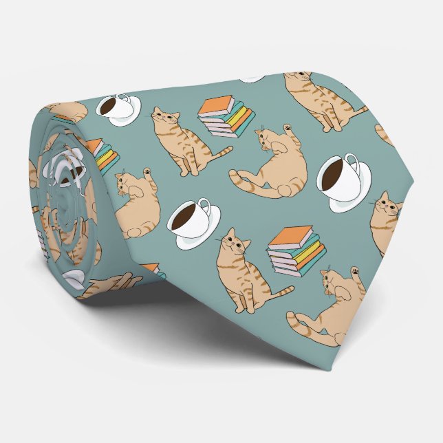 Cats Books And Coffee Time Tie (Rolled)
