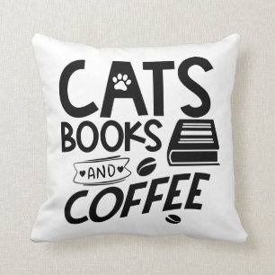 Cats Books Coffee Bookworm Reading Cute Cat Throw Pillow