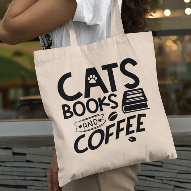 Cats Books Coffee Typography Bookworm Quote Tote Bag (If you are a fan of cats, books, and coffee, you will adore this tote bag.)