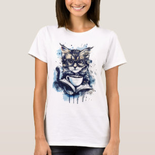 Cats Books Coffee Watercolor Abstract T-Shirt