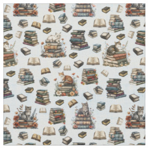 Cats & Books on Light Blue Fabric