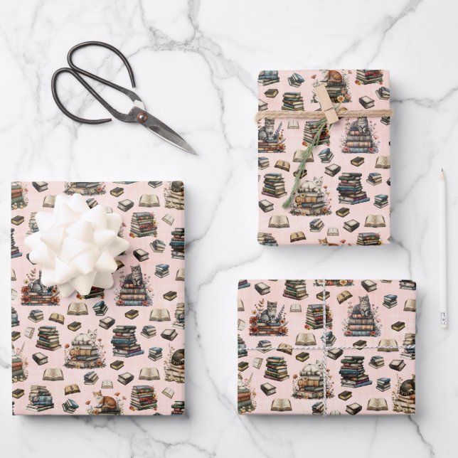 Cats & Books on Light Peach Wrapping Paper Sheet (Front)
