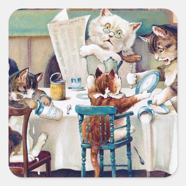 Cat's Breakfast Time, Louis Wain Square Sticker (Front)