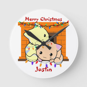 Cats christmas gift, personalized name round clock