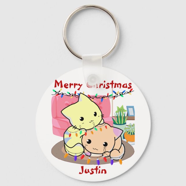 Cats christmas on mat, personalized name keychain (Front)