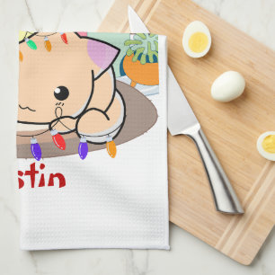 Cats christmas on mat, personalized name kitchen towel