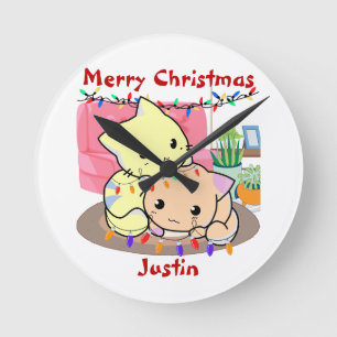 Cats christmas on mat, personalized name round clock
