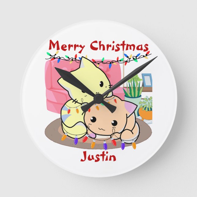 Cats christmas on mat, personalized name   round clock (Front)