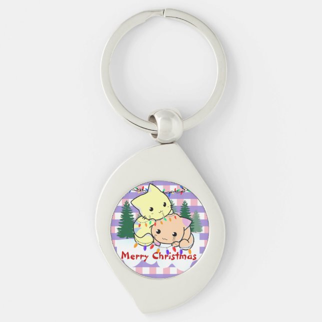Cats christmas on snow, personalized name keychain (Front)