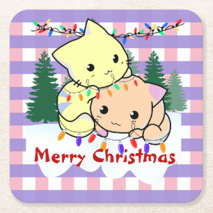 Cats christmas on snow, personalized name square paper coaster