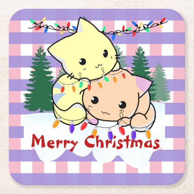 Cats christmas on snow, personalized name    square paper coaster (Front)