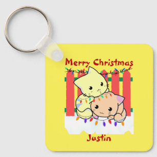Cats christmas out door, personalized name keychain