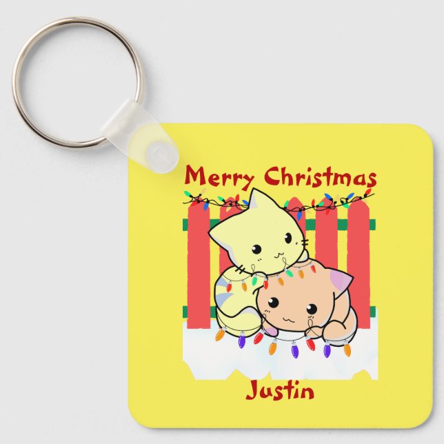 Cats christmas out door, personalized name keychain (Front)
