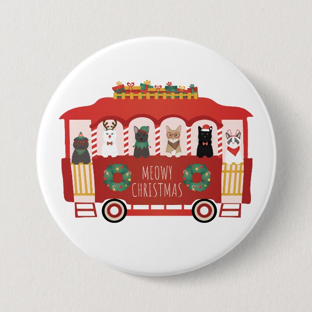 Cats Christmas Trolly Meowy Christmas 3 Inch Round Button (Front)