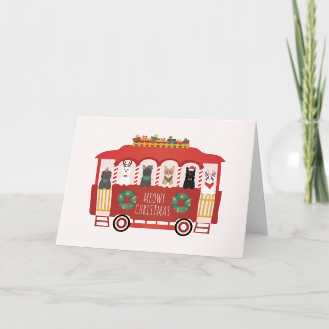 Cats Christmas Trolly Meowy Christmas Holiday Card (Front)