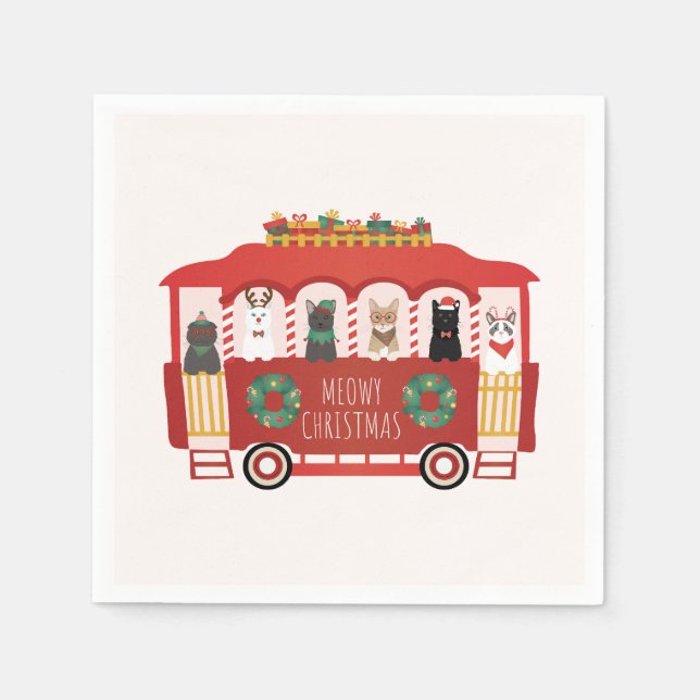 Cats Christmas Trolly Meowy Christmas Napkin (Front)