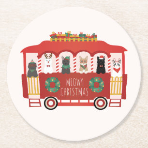 Cats Christmas Trolly Meowy Christmas Round Paper Coaster