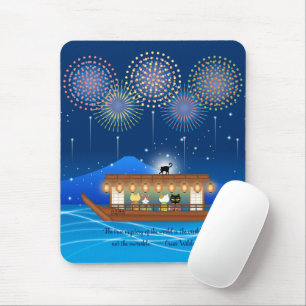 Cats Delighting in Fireworks Aboard a Houseboat Mouse Pad
