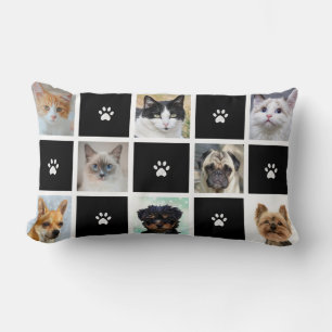 Cats & Dogs Custom Photos & Paw Pattern on Black Lumbar Pillow