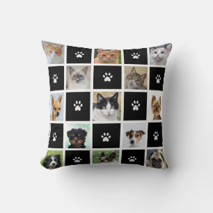 Cats & Dogs Custom Photos & Paw Pattern on Black Throw Pillow