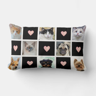 Cats & Dogs Custom Photos with Heart on Black Lumbar Pillow