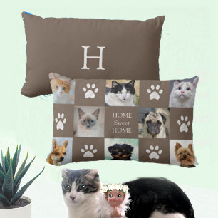 Cats & Dogs Custom Photos with Paws on Lucky Beige Lumbar Pillow