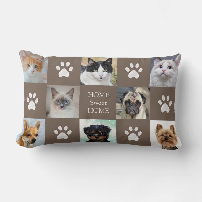 Cats & Dogs Custom Photos with Paws on Lucky Beige Lumbar Pillow (Front)