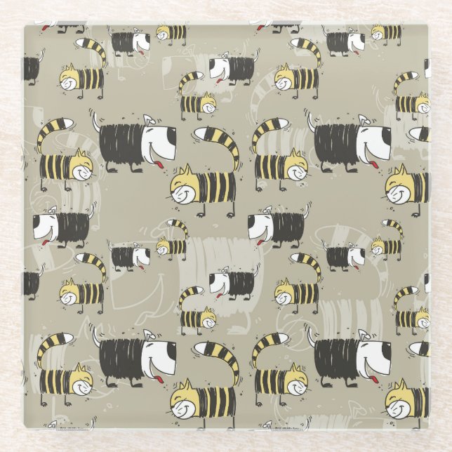 Cats & Dogs: Funny Seamless Texture Glass Coaster (Front)