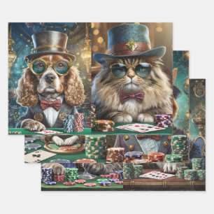 Cats & Dogs Playing Poker, Saloon Wrapping Paper Sheet