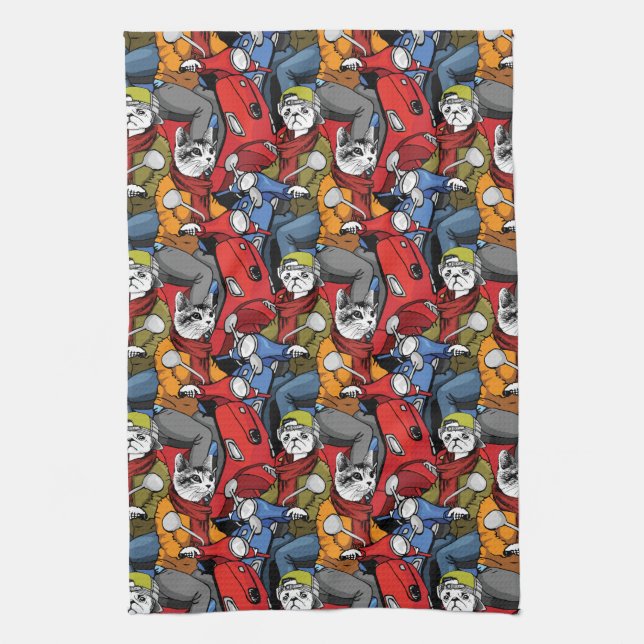 Cats & Dogs Scooter Pattern Kitchen Towel (Vertical)