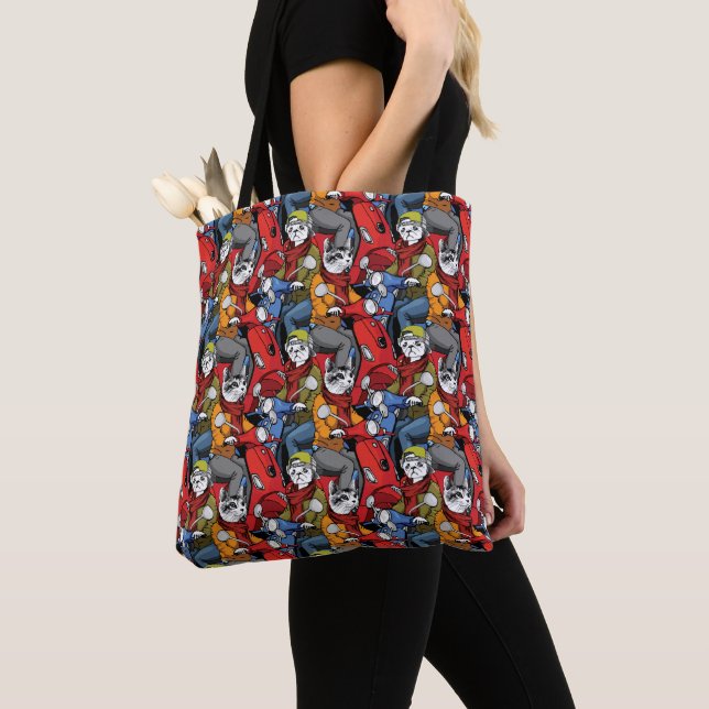 Cats & Dogs Scooter Pattern Tote Bag (Close Up)