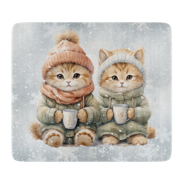 Cats Drinking Hot Chocolate in the Snow Cutting Board (Front)