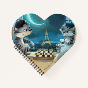 Cats Eiffel Tower - Night Heart Shaped Notebook