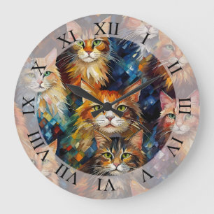 Cats Faces Animals Art  Large Clock
