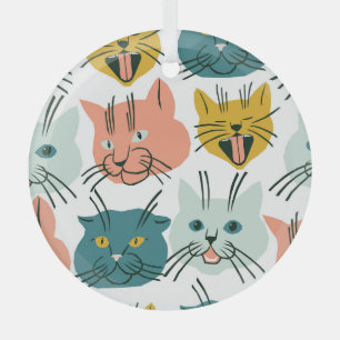 Cats Faces Funny Vintage Pattern. Glass Ornament