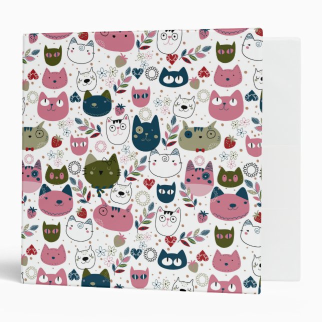 Cats faces muted warm green teal pink pattern binder (Front/Inside)