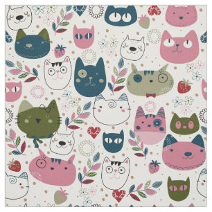Cats faces muted warm green teal pink pattern fabric