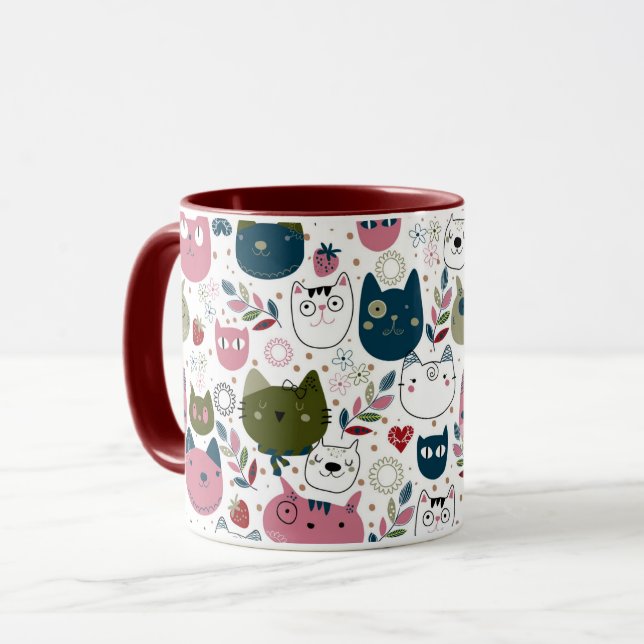 Cats faces muted warm green teal pink pattern mug (Front Left)