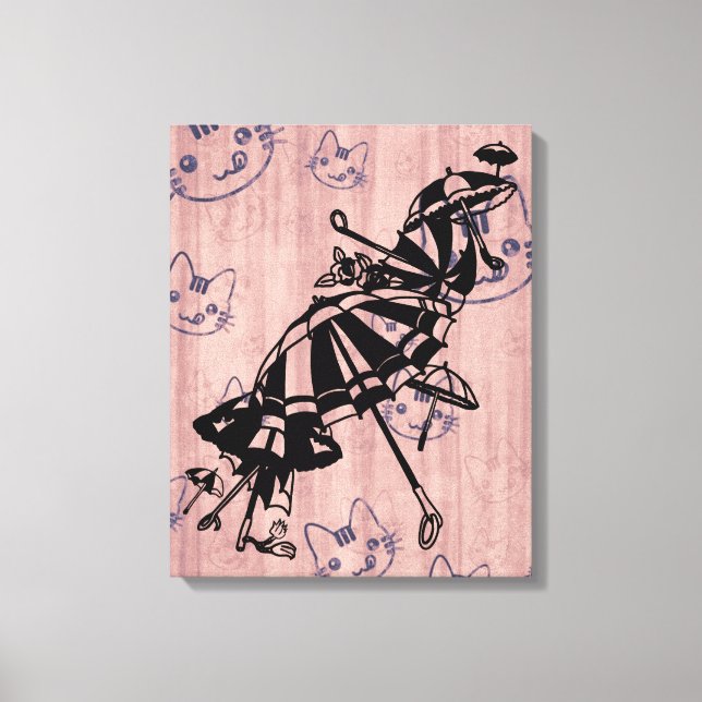 Cats Faces Parasols Umbrellas Ink art drawing  Canvas Print (Front)