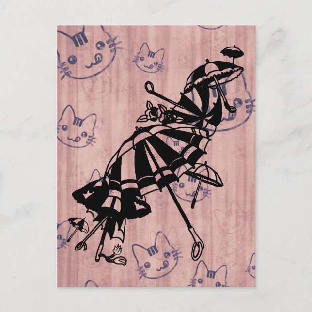 Cats Faces Parasols Umbrellas Ink art drawing   Postcard (Front)