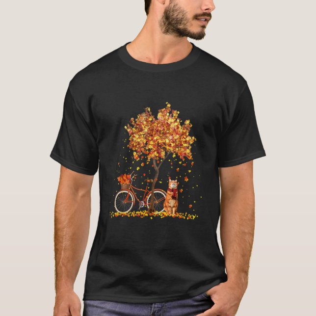 Cats Fall Autumn Leaf Tree And Bicycle Cat T-Shirt (Front)
