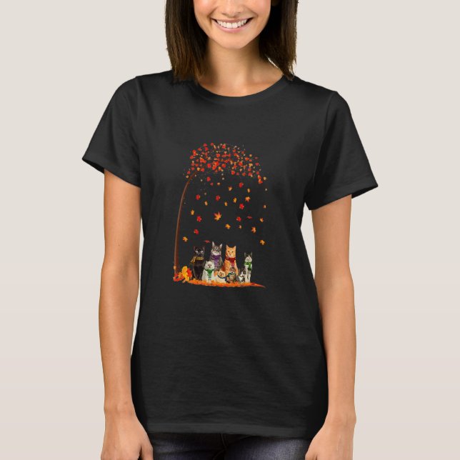 Cats Fall Autumn Leaf Tree  Cat T-Shirt (Front)