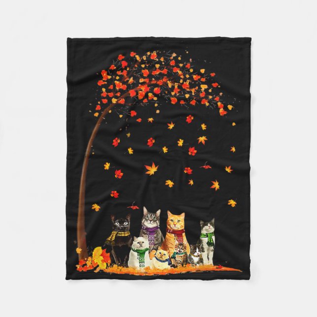 Cats Fall Autumn Leaf Tree Funny Cat Lovers Gifts  Fleece Blanket (Front)