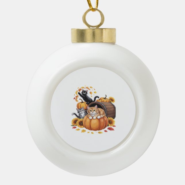 Cats Fall Autumn Pumpkins Thanksgiving Sunflower C Ceramic Ball Christmas Ornament (Front)