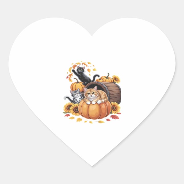 Cats Fall Autumn Pumpkins Thanksgiving Sunflower C Heart Sticker (Front)
