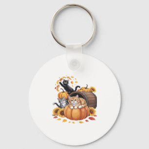 Cats Fall Autumn Pumpkins Thanksgiving Sunflower C Keychain