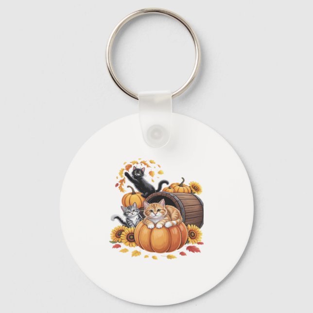 Cats Fall Autumn Pumpkins Thanksgiving Sunflower C Keychain (Front)