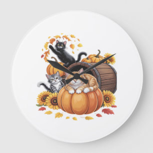 Cats Fall Autumn Pumpkins Thanksgiving Sunflower C Large Clock